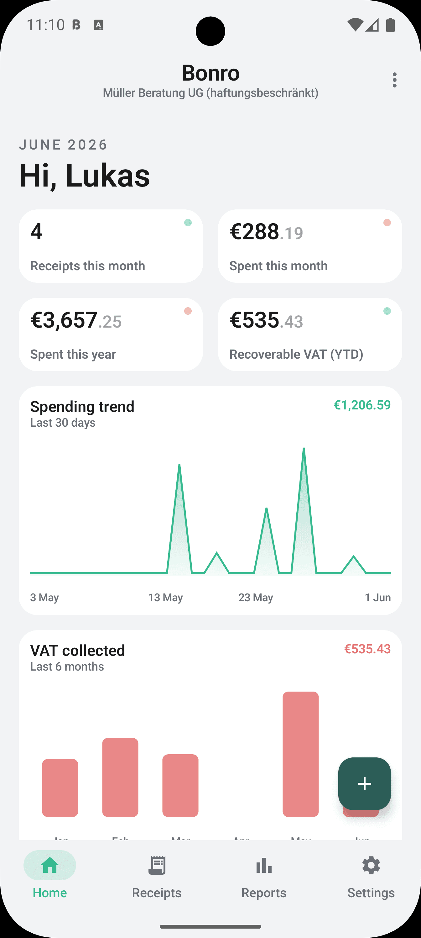 Bonro on Android, home dashboard with monthly and yearly totals and recoverable VAT