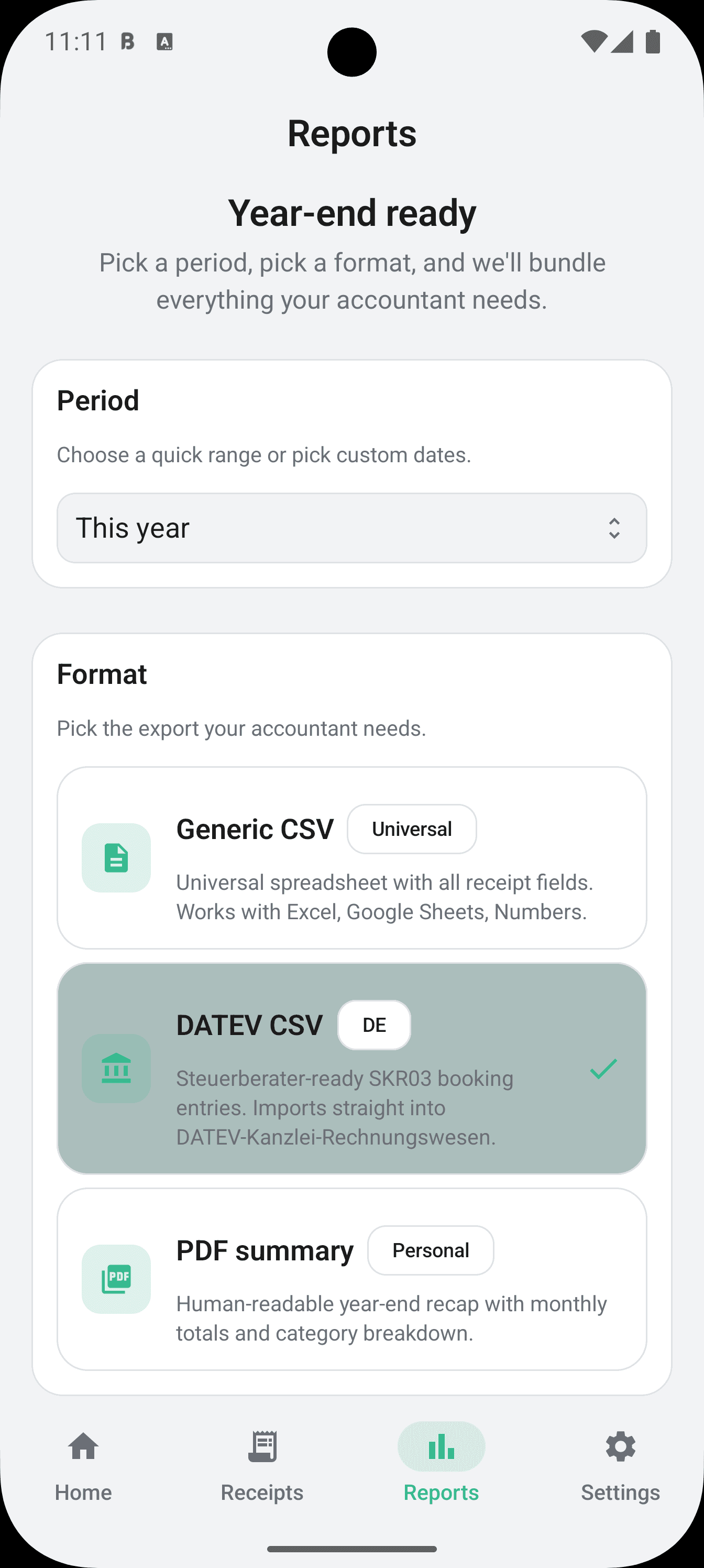 Bonro on Android, year-end export with period picker and accountant-ready formats