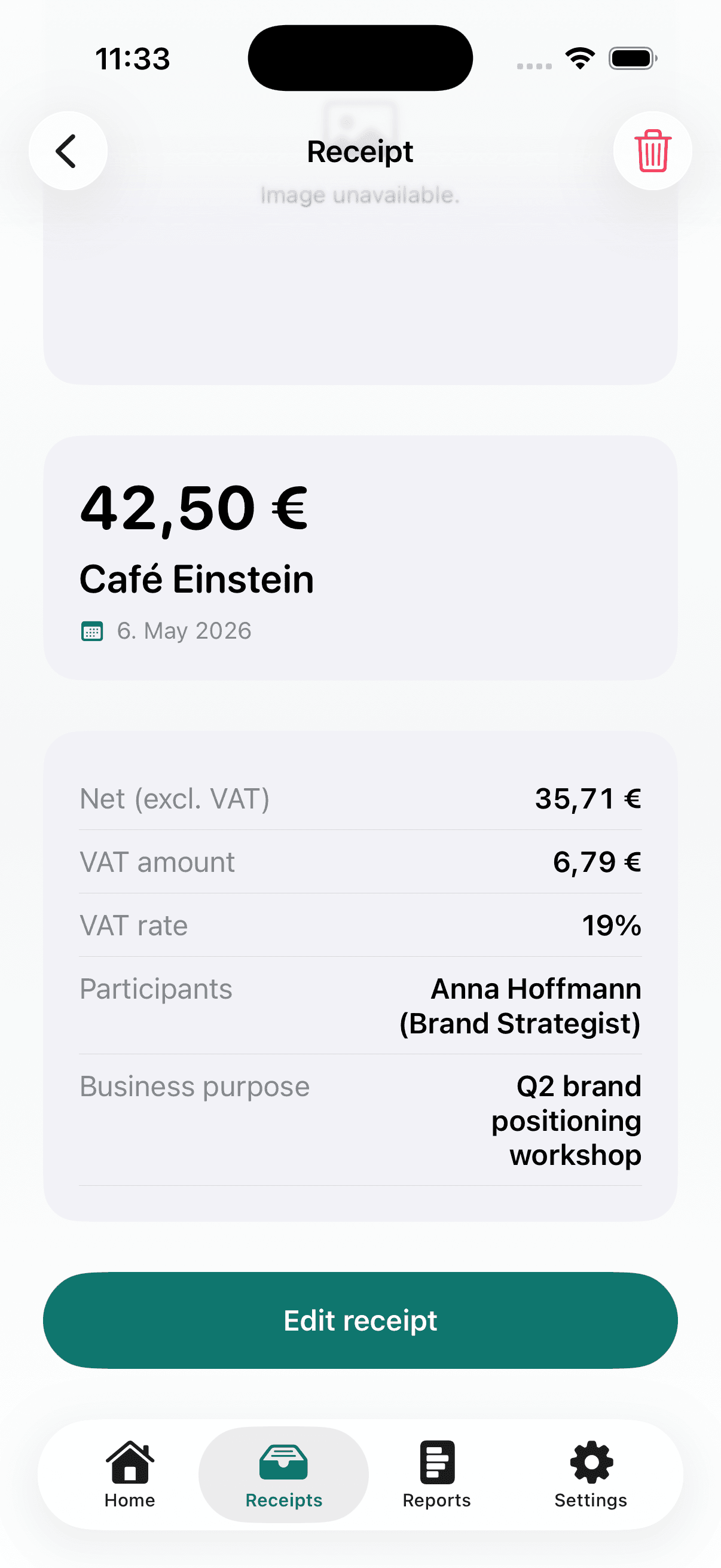 Bonro receipt detail showing VAT breakdown and Bewirtungsbeleg fields