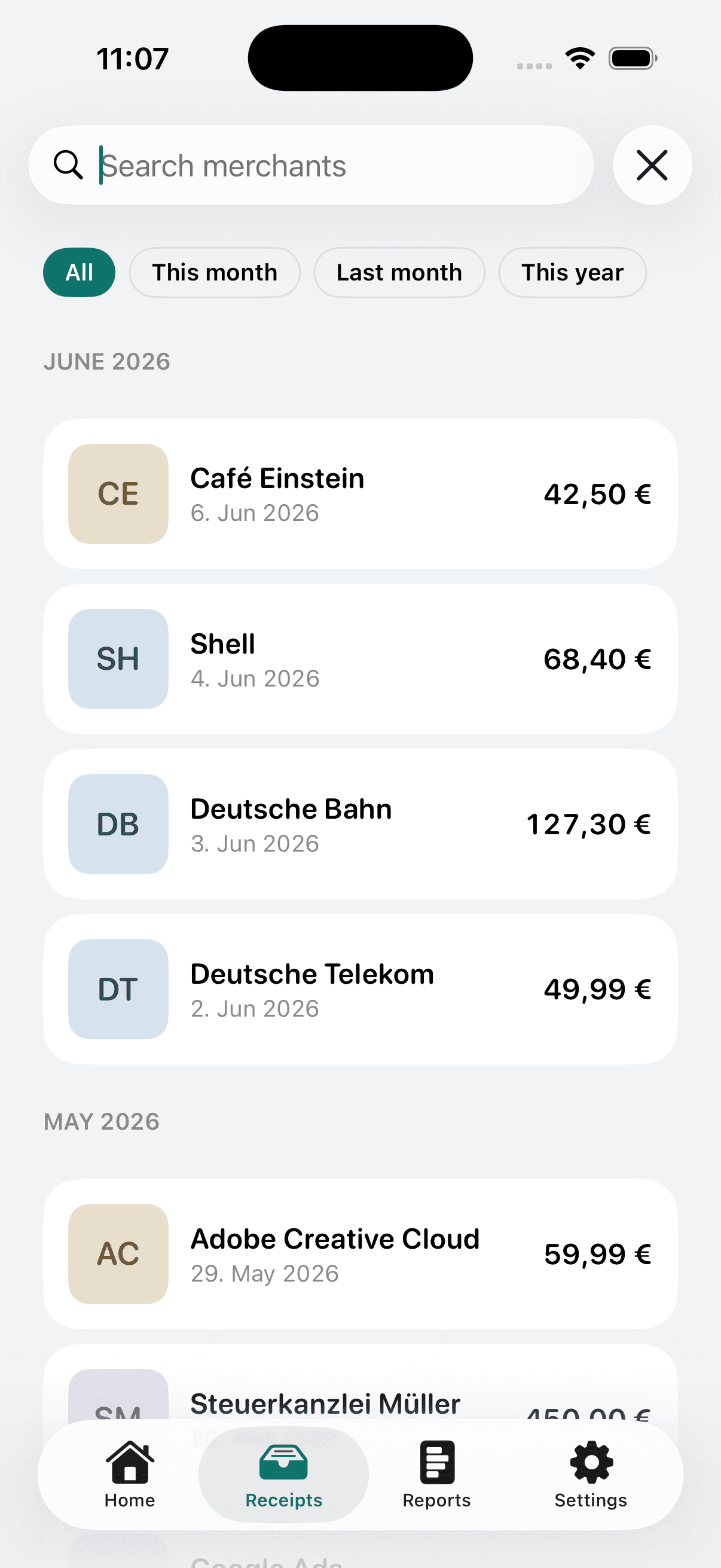 Bonro on iPhone, receipts list grouped by month with merchant search and quick filters