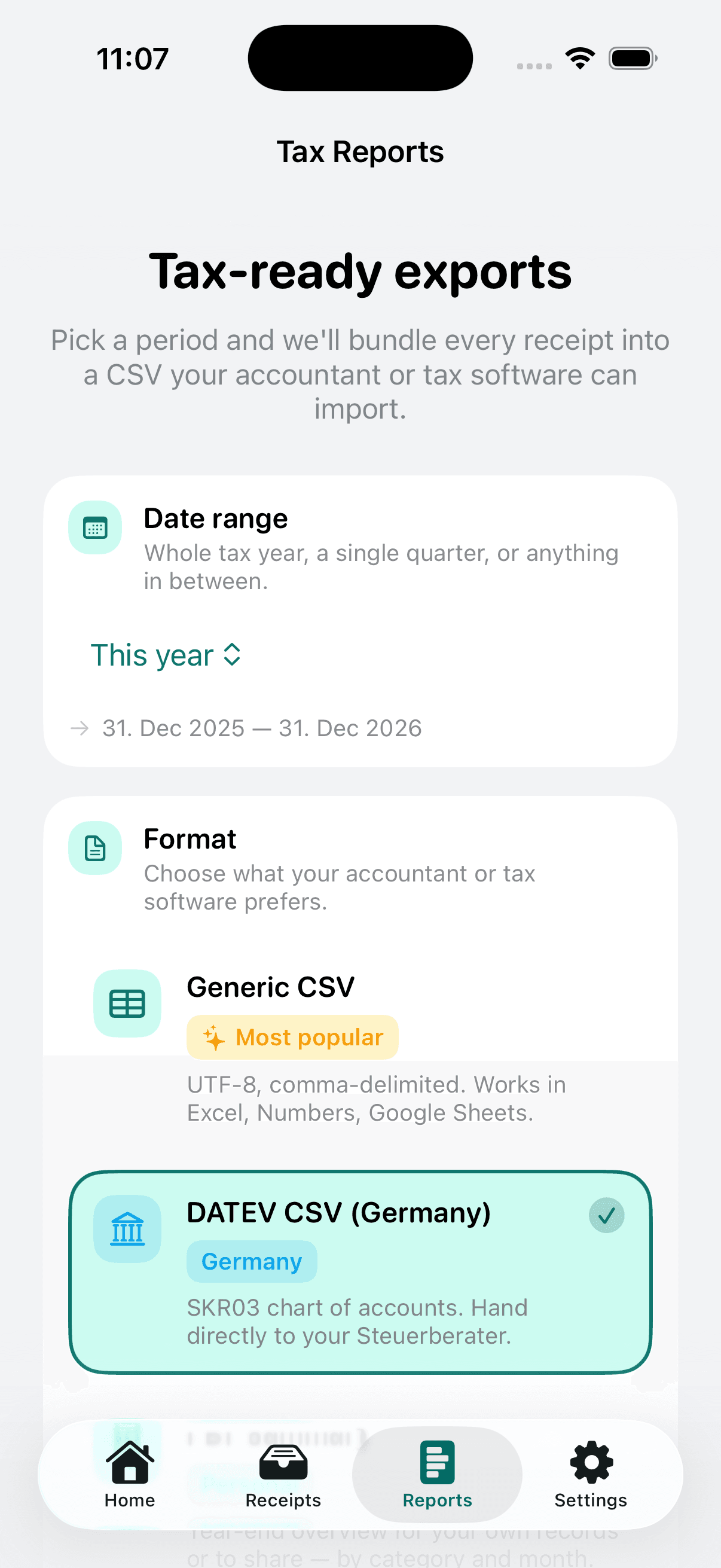 Bonro on iPhone, tax-ready export picker with date range and country-native formats