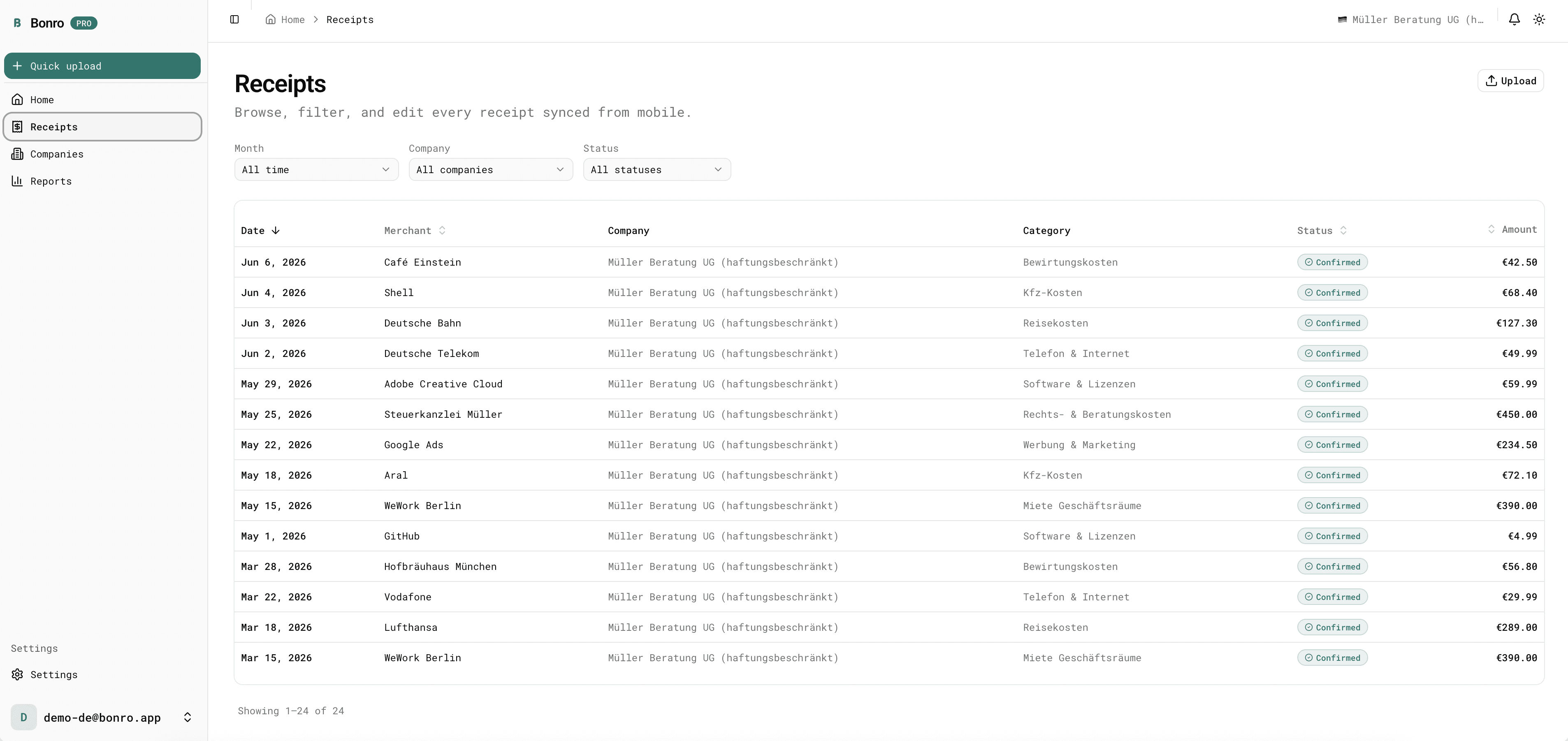 Bonro web dashboard, full receipts table with date, merchant, company, category, status and amount
