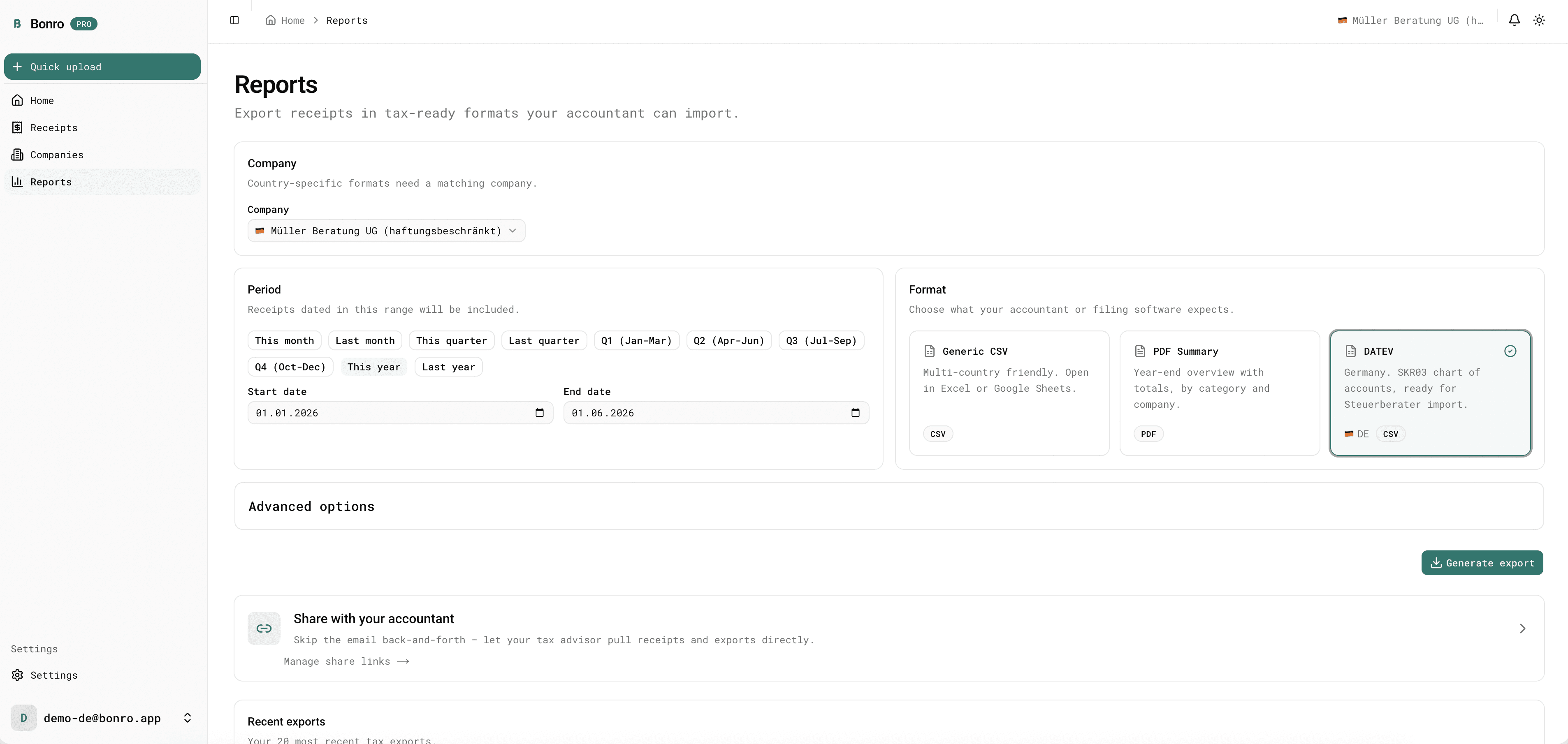 Bonro web dashboard, reports with period, format and a read-only share link for your accountant